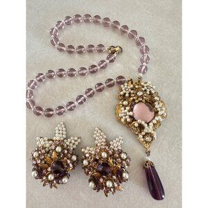 Lavender glass beaded rhinestones pearl gold tone filigree necklace earrings set